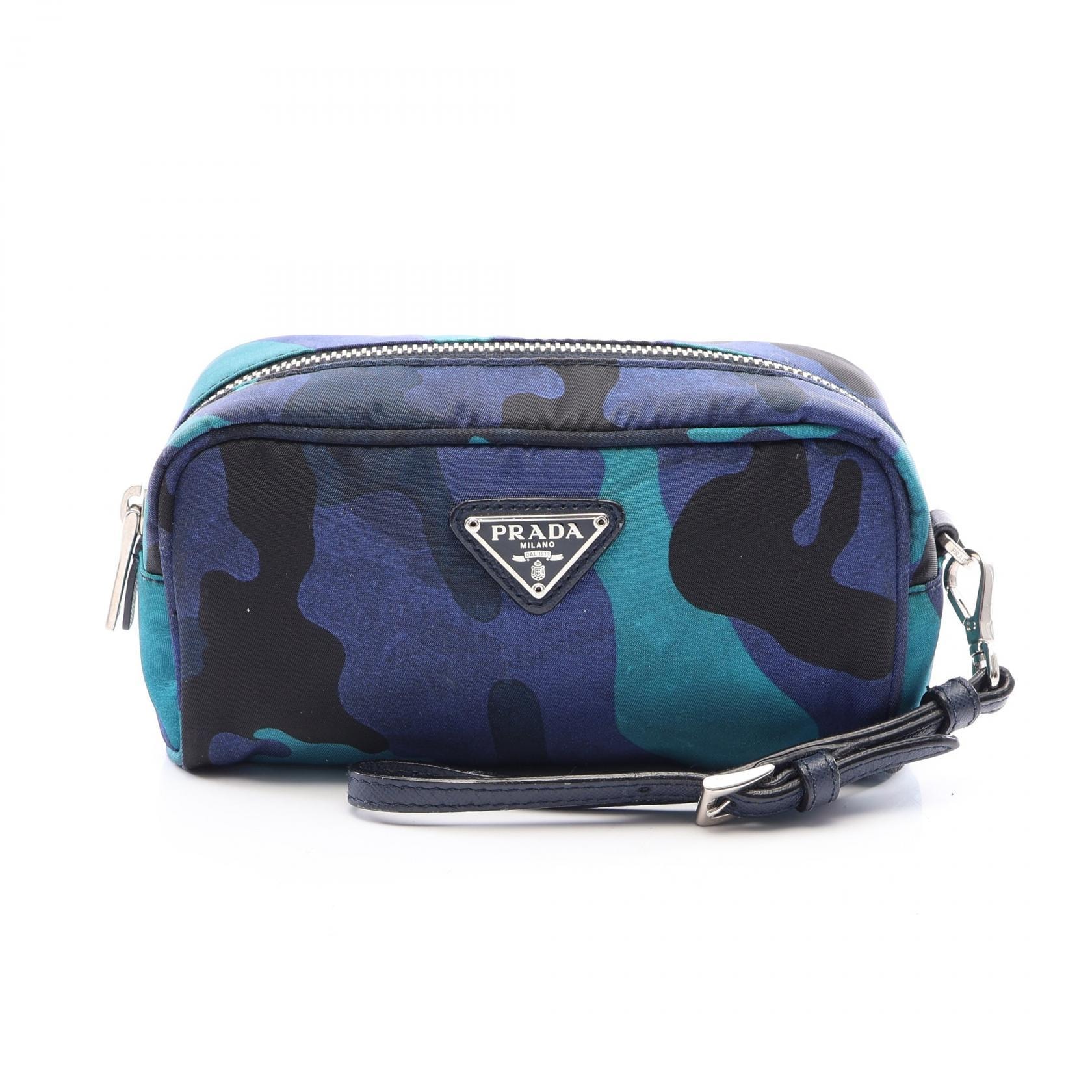 プラダ PRADA トライアングルロゴ カモフラージュ ポーチ バッグ ナイロン サフィアーノレザー レディース ブルー系 / マルチカラー 【中古】