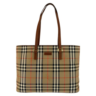 美品 BURBERRY バーバリー チェック柄 ベージュ ブラウン ゴールド金具 キャンバス レザー/ トートバッグ ショルダーバッグ 604300 【中古】