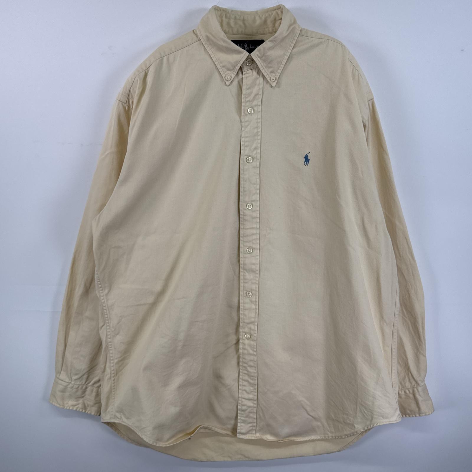古着 ラルフローレン RALPH LAUREN 長袖シャツ オックスフォード ボタンダウンシャツ ワンポイント 刺繍 L  イエロー 無地 メンズ