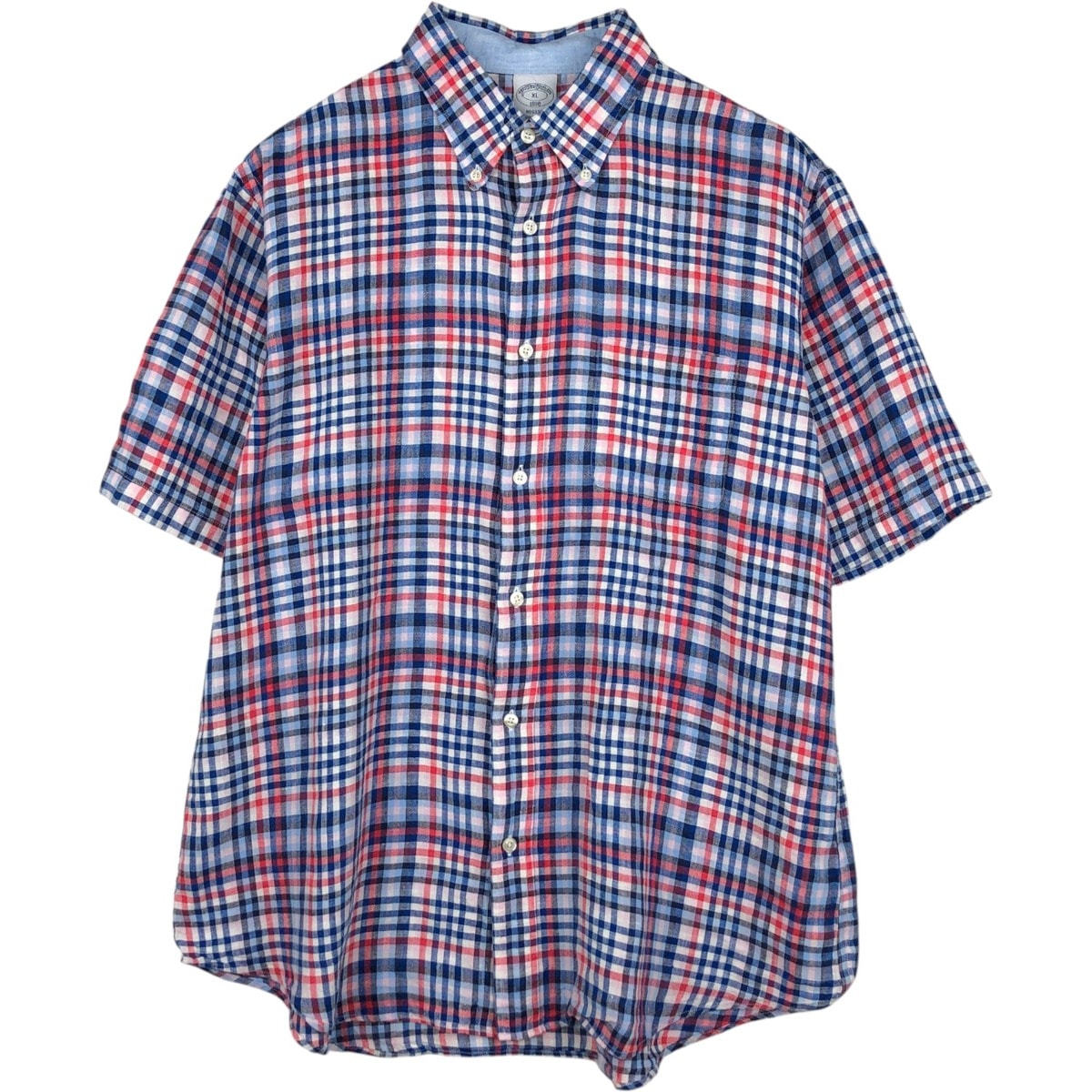 古着 ブルックスブラザーズ Brooks Brothers 1818 チェック柄 半袖 リネン ボタンダウンシャツ メンズXL相当/eaa660719