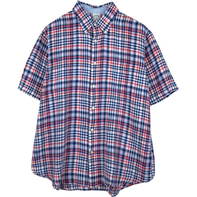 古着 ブルックスブラザーズ Brooks Brothers 1818 チェック柄 半袖 リネン ボタンダウンシャツ メンズXL相当/eaa660719