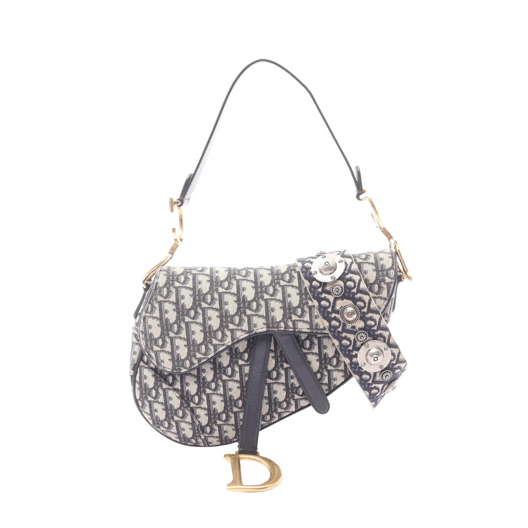 ディオール Dior サドルバッグ オブリーク 2WAY ハンドバッグ バッグ キャンバス レザー レディース ベージュ系 / ネイビー系 【中古】