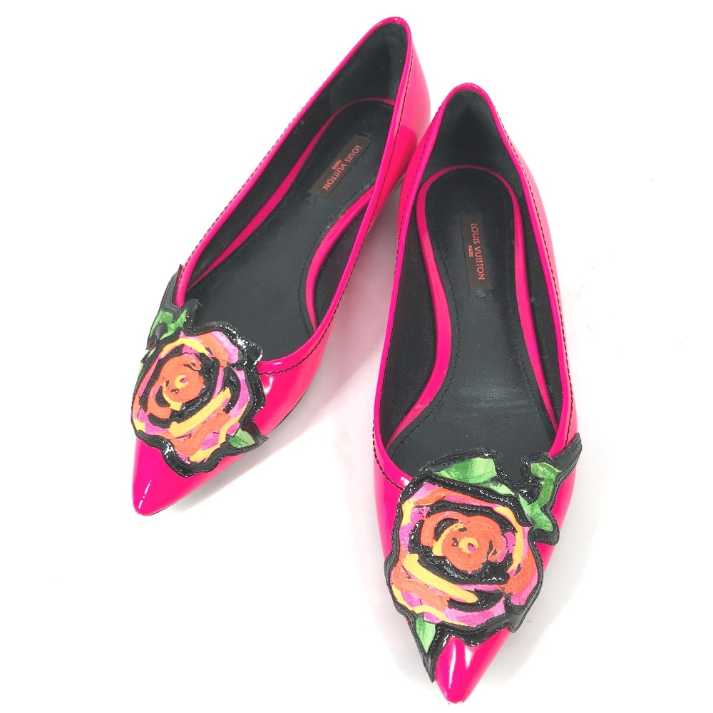ルイヴィトン LOUIS VUITTON ローズ バラ 薔薇 グラフィティ フラットシューズ 靴 パンプス レザー ピンク