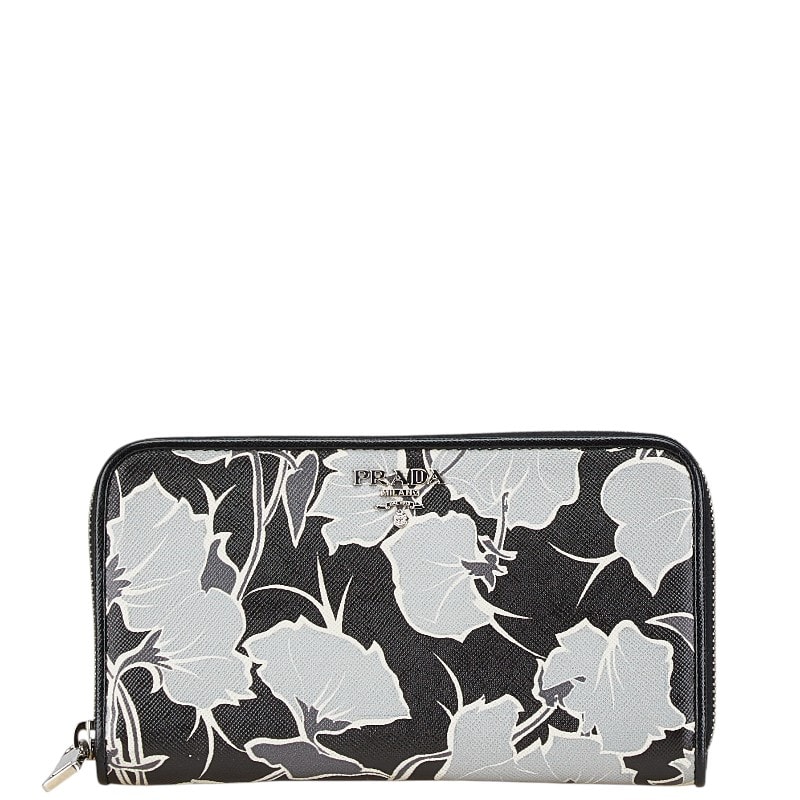 プラダ サフィアーノ ラウンドファスナー 長財布 1M0506 ブラック グレー レザー レディース PRADA 【中古】