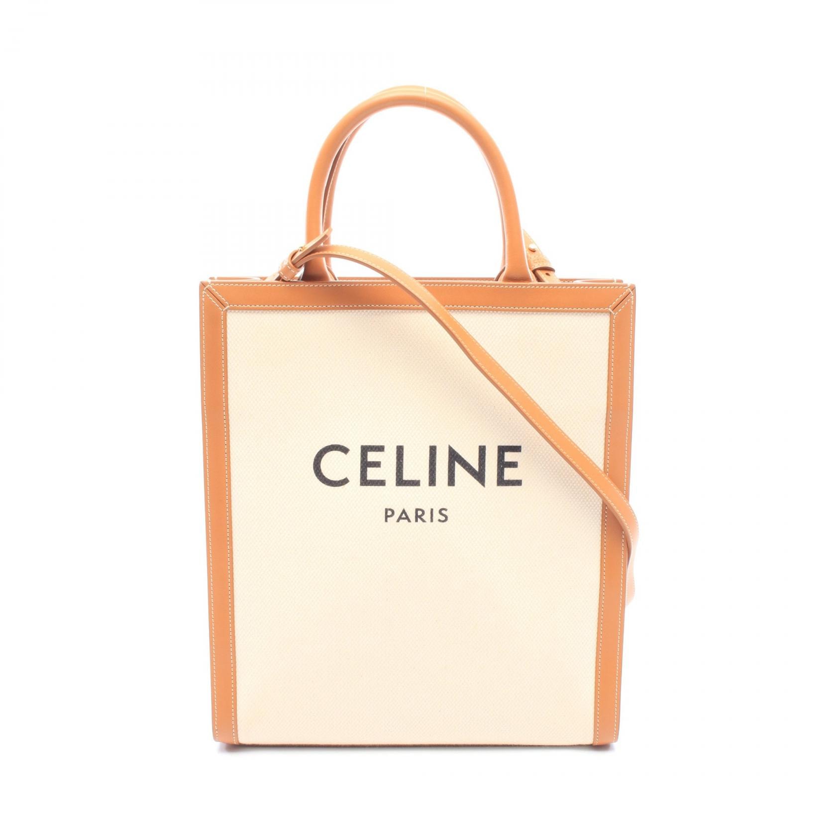 セリーヌ CELINE スモール バーティカル カバ 2WAY トートバッグ バッグ キャンバス レザー レディース アイボリー系 / ブラウン系 192082BNZ.02NT 【中古】