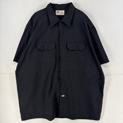古着 ディッキーズ Dickies 半袖シャツ ワンポイント ロゴ 胸ポケット ワークシャツ 大きいサイズ 無地 3XL ブラック メンズ
