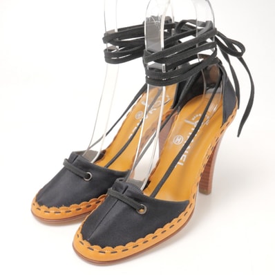 CHANEL シャネル パンプス サイズ35 1/2 レースアップ ハイヒール パールモチーフ CCロゴ サテン レザー 靴 ブランド古着【中古】20250701/RA5283