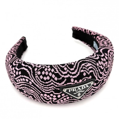 PRADA プラダ ヘアアクセサリー カチューシャ ヘッドバンド トライアングルロゴ 小物 キャンバス ブラック 黒 ピンク シルバー金具 レディース 美品【中古品】