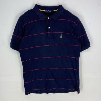 古着 90's/90年代 ノーティカ NAUTICA 半袖シャツ ワンポイント ポロシャツ ショートスリーブ L ネイビー系 ボーダー メンズ