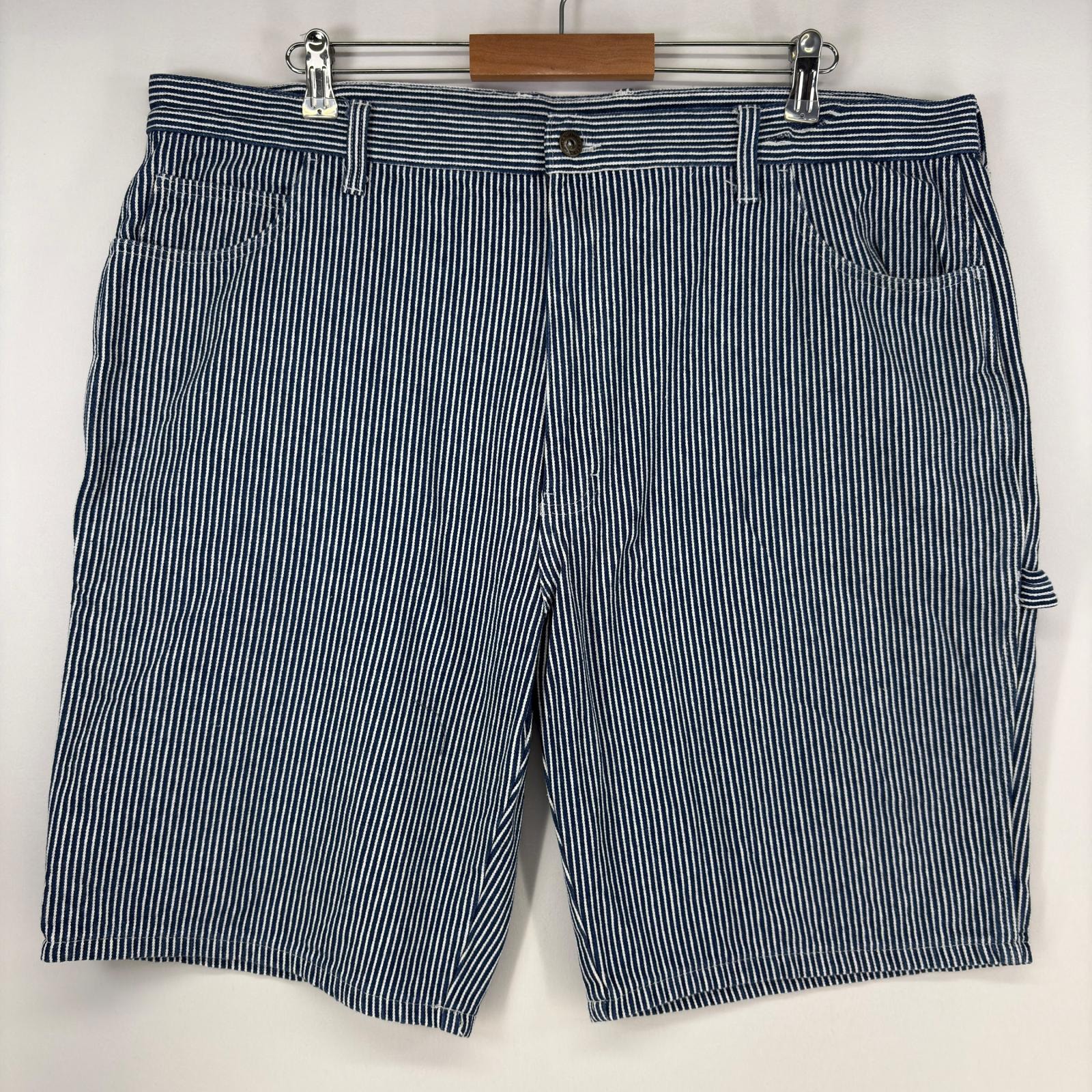古着 ディッキーズ Dickies ショートパンツ ペインターパンツ ハーフパンツ ストライプ ジップ ロゴ w42  ブルー系 ヒッコリー メンズ