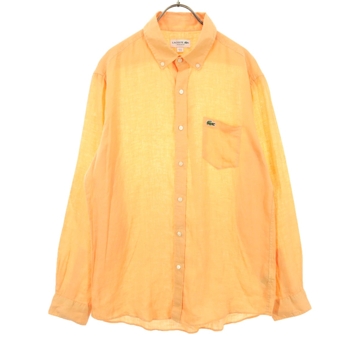 美品 LACOSTE ラコステ ワンポイントロゴ 長袖 ボタンダウン リネンシャツ M オレンジ