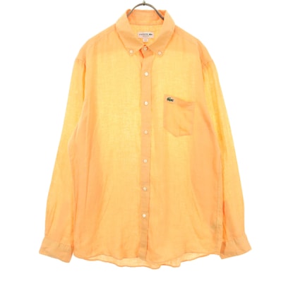 美品 LACOSTE ラコステ ワンポイントロゴ 長袖 ボタンダウン リネンシャツ M オレンジ
