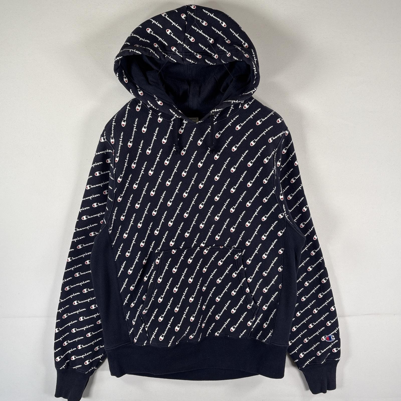 古着 チャンピオン Champion パーカー リバースウィーブ プルオーバー フーディ スウェット プリントロゴ MEDIUM  ネイビー 総柄 メンズ