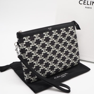 極美品 CELINE セリーヌ トリオンフキャンバス ストラップ付きポーチ 10L682FSM-38AW クラッチバッグ ブラック ホワイト コーティングキャンバス レディース