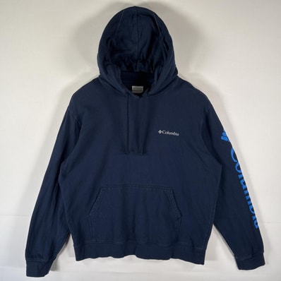 古着 コロンビア Columbia パーカー 袖ロゴプリント ワンポイントロゴ スウェット フーディ プルオーバー アウトドア L ネイビー メンズ