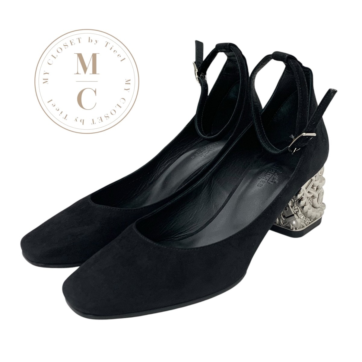 エルメス HERMES ガーリー パンプス 靴 シューズ スエード ブラック シルバー 黒 シェーヌダンクル ストラップ メタルヒール