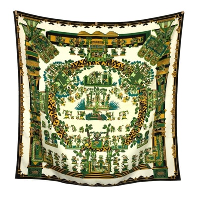 HERMES エルメス Astres et Soleils カレ90 グリーン マルチカラー シルク スカーフ 602537 【中古】