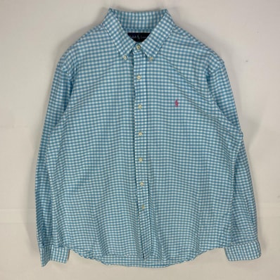 古着 ラルフローレン RALPH LAUREN 長袖シャツ 刺繍ロゴ ワンポイント ボタンダウン ロングスリーブ XL ブルー系 チェック メンズ