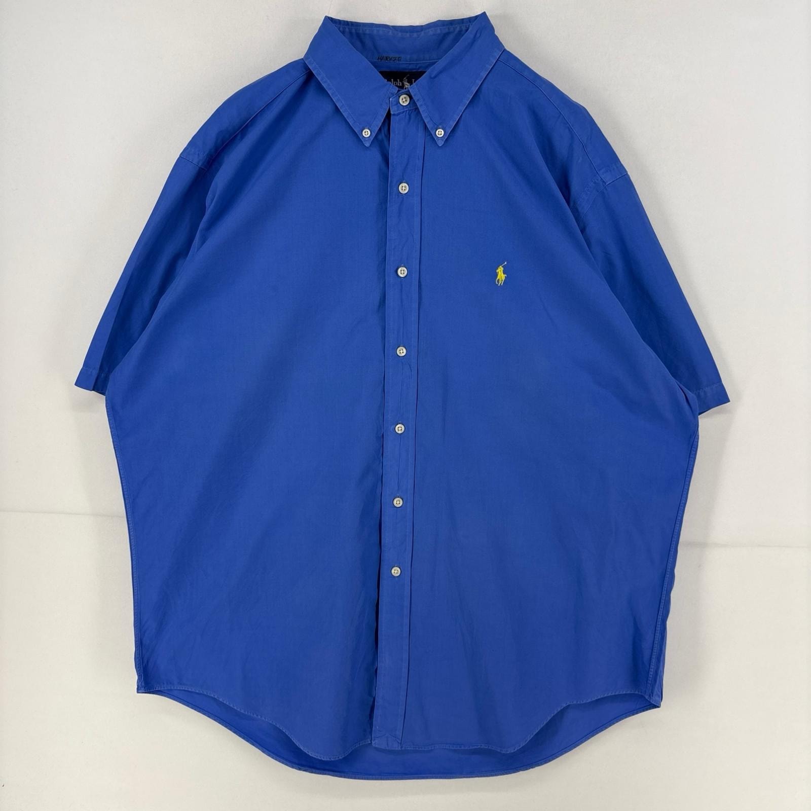 古着 ラルフローレン RALPH LAUREN 半袖シャツ ワンポイント ロゴ ボタンダウン ボタンダウン 大きいサイズ XL  ブルー系 メンズ