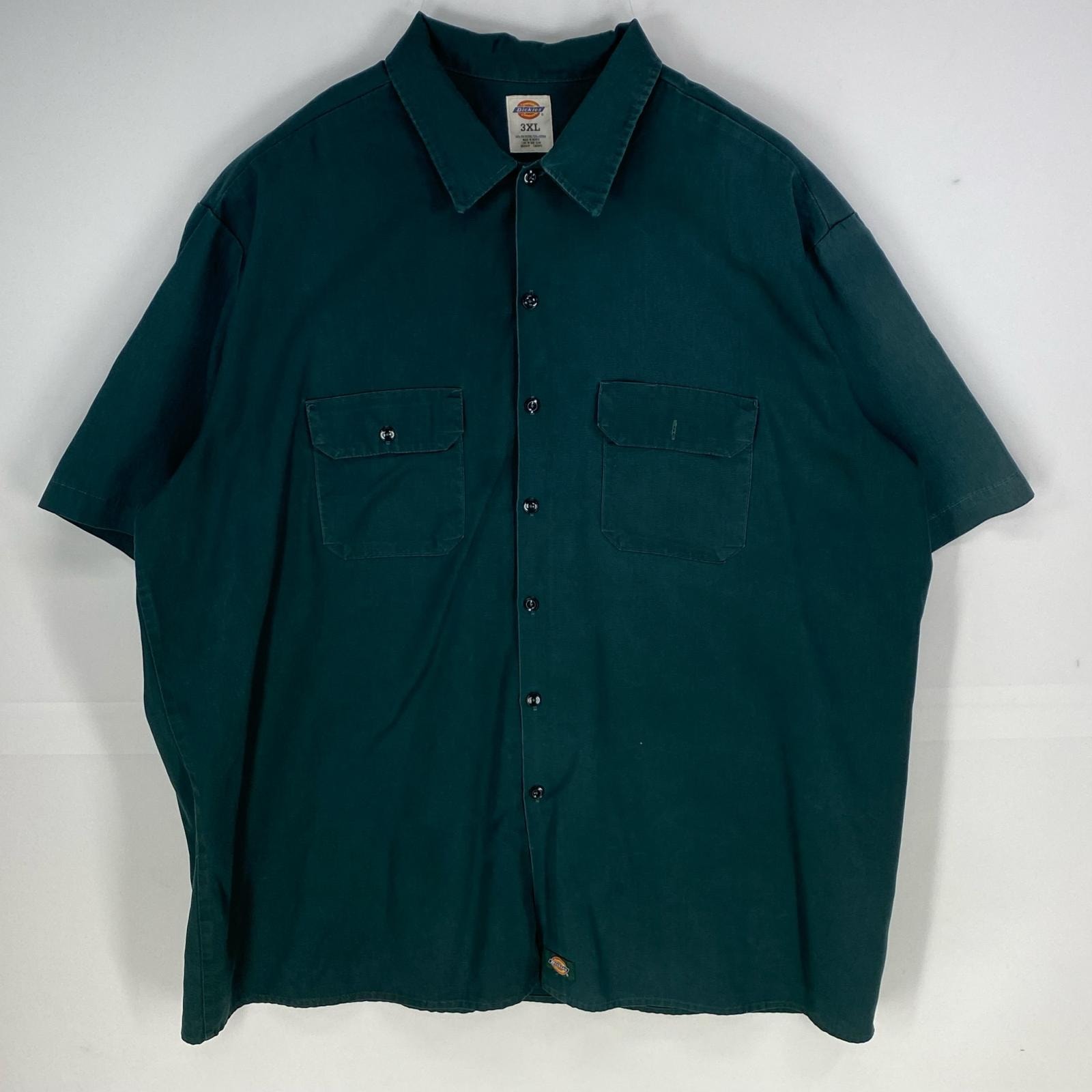古着 ディッキーズ Dickies 半袖シャツ 胸ポケット ワーク 大きいサイズ 作業着 ワンポイントロゴ 3XL グリーン系 無地 メンズ