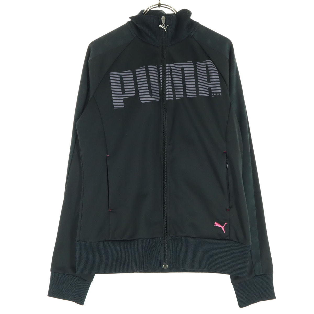 美品 PUMA プーマ プリントロゴ 長袖 ハイネック ジップジャケット O ブラック