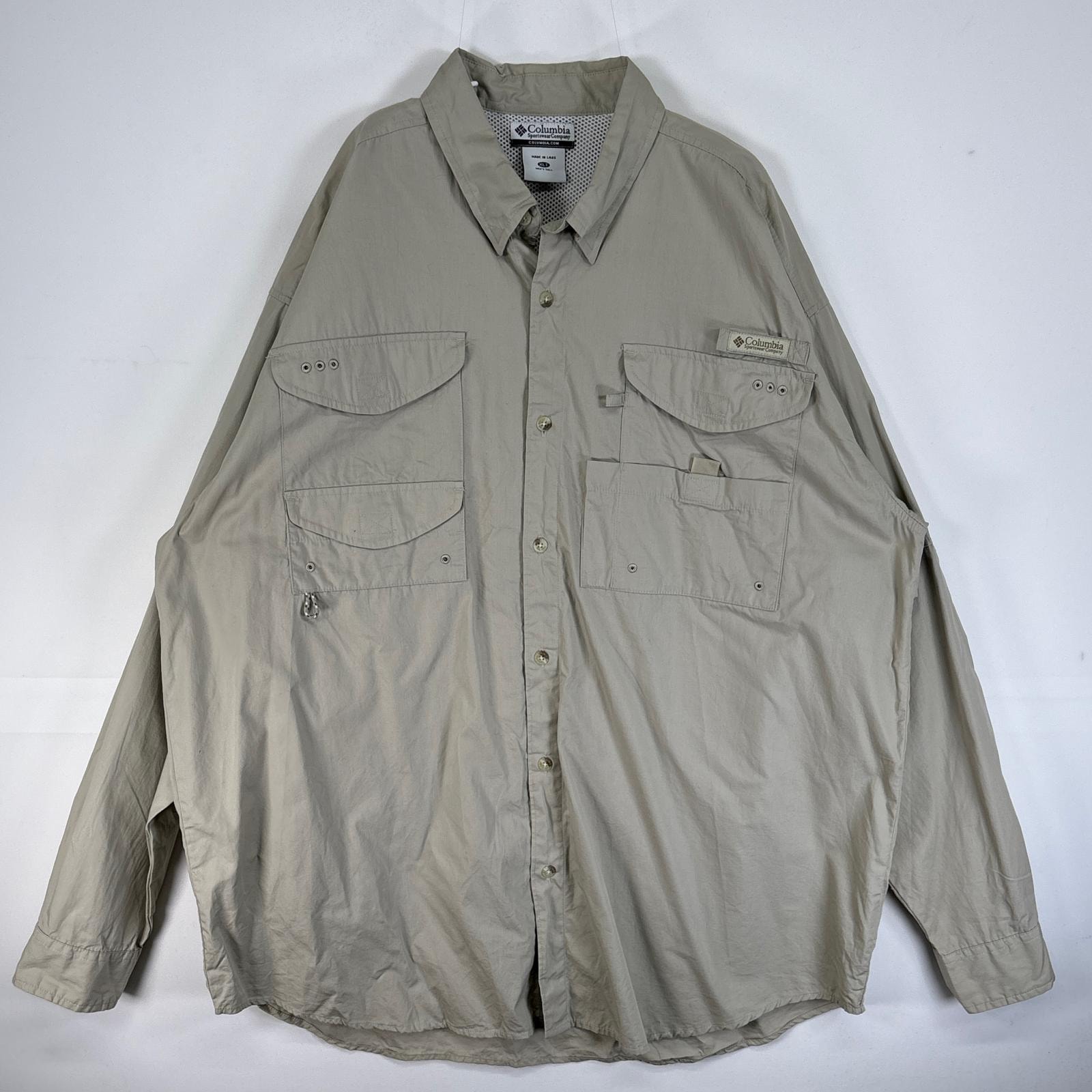 古着 コロンビア Columbia 長袖シャツ PFG フィッシングギア 大きいサイズ ワンポイント ロゴ XL  ベージュ 無地 メンズ