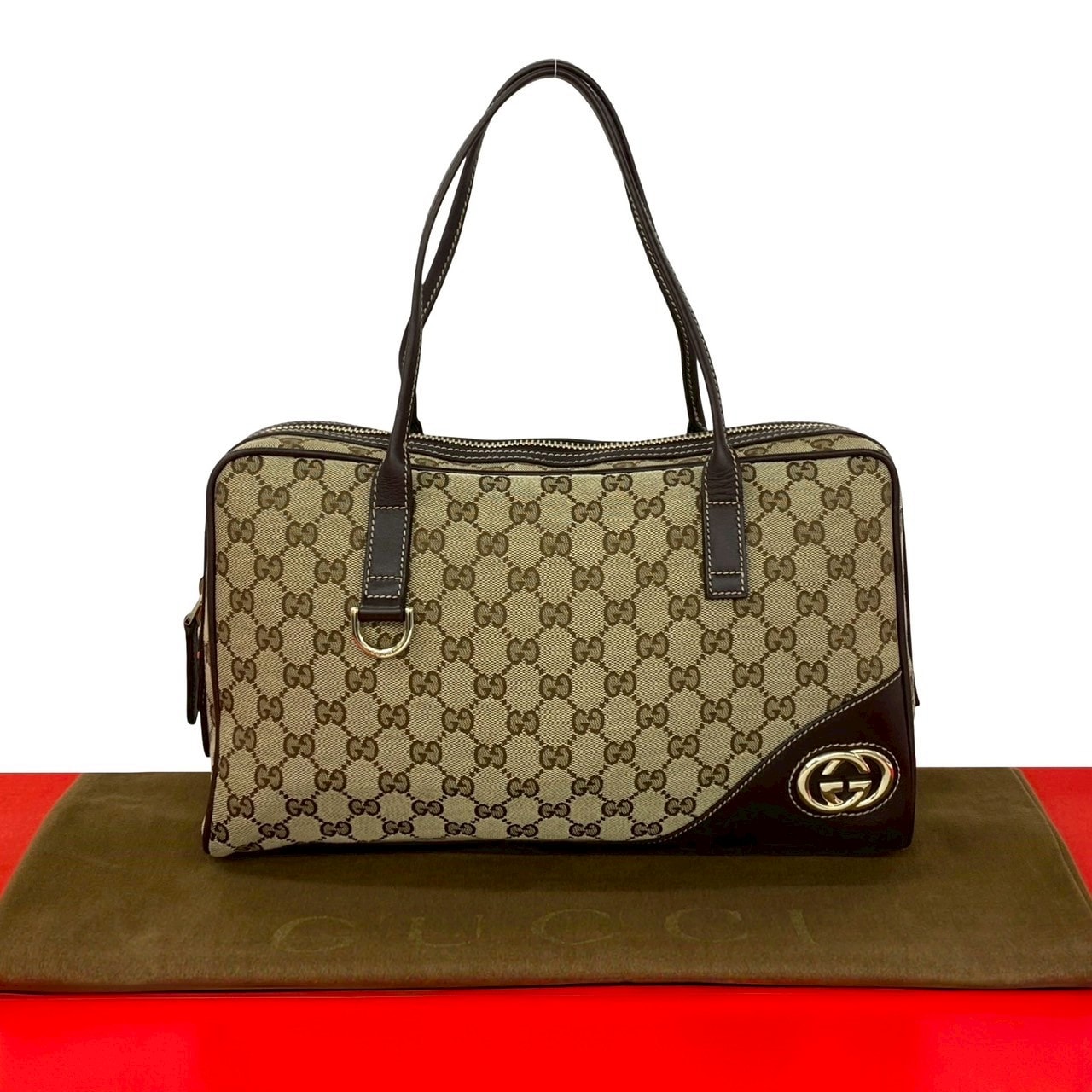 GUCCI グッチ GG ロゴ 金具 キャンバス レザー ハンドバッグ ブラウン
 22782