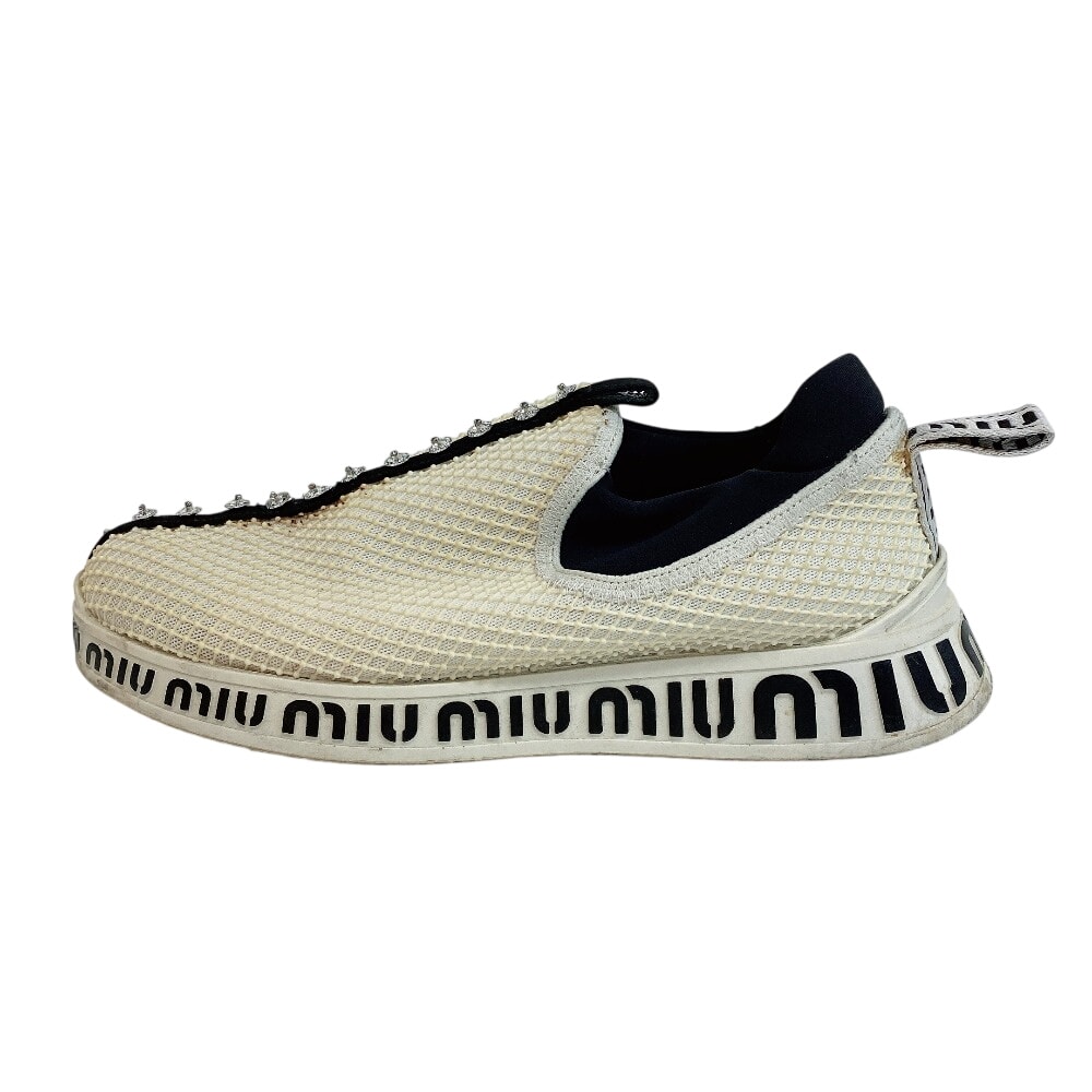 ミュウミュウ MIUMIU スリッポン レザー クリスタル ビジュー ブラック