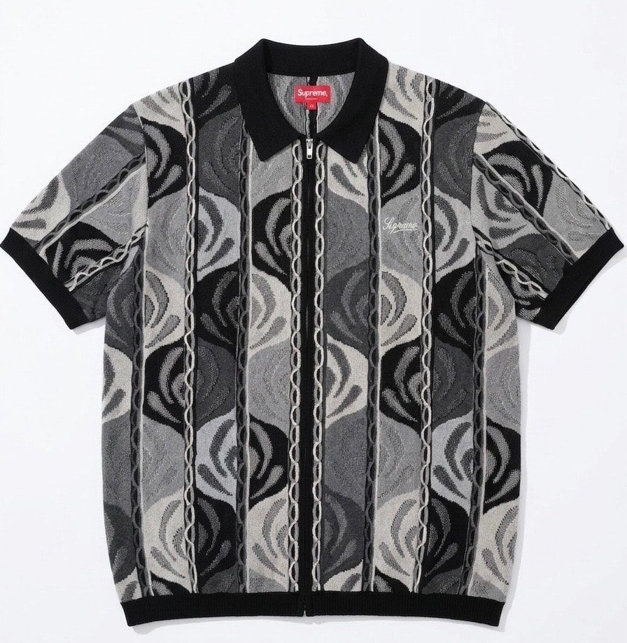 Supreme Abstract Textured Zip Up Polo "Black"