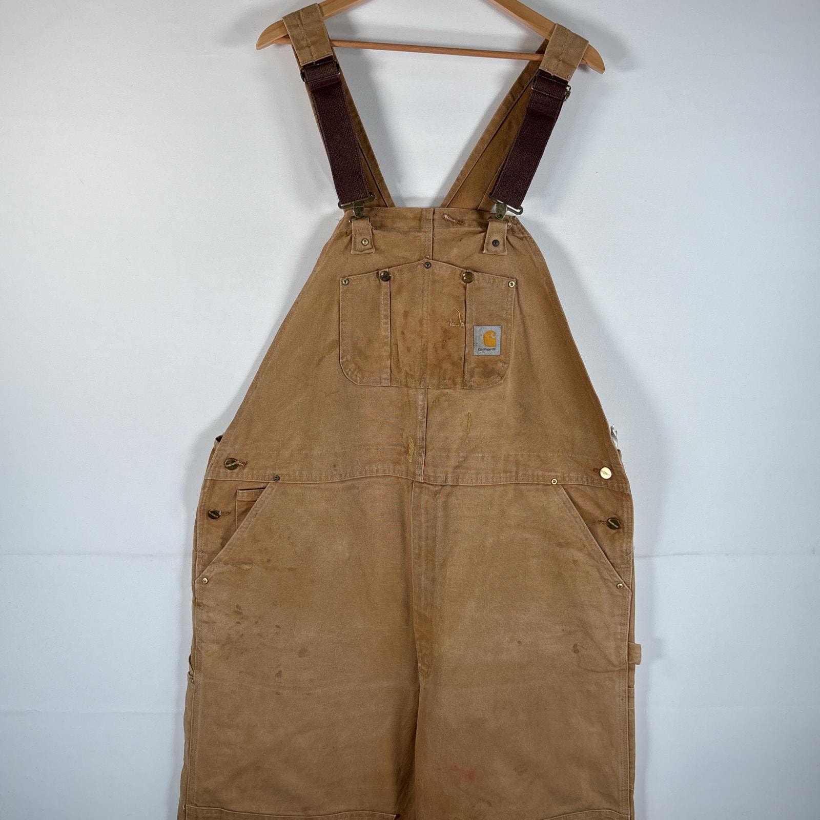 古着 カーハート Carhartt オーバーオール ダック ワーク ワンポイントロゴ サイドポケット ダブルニー  大きいサイズ w48 L34 キャメル メンズ