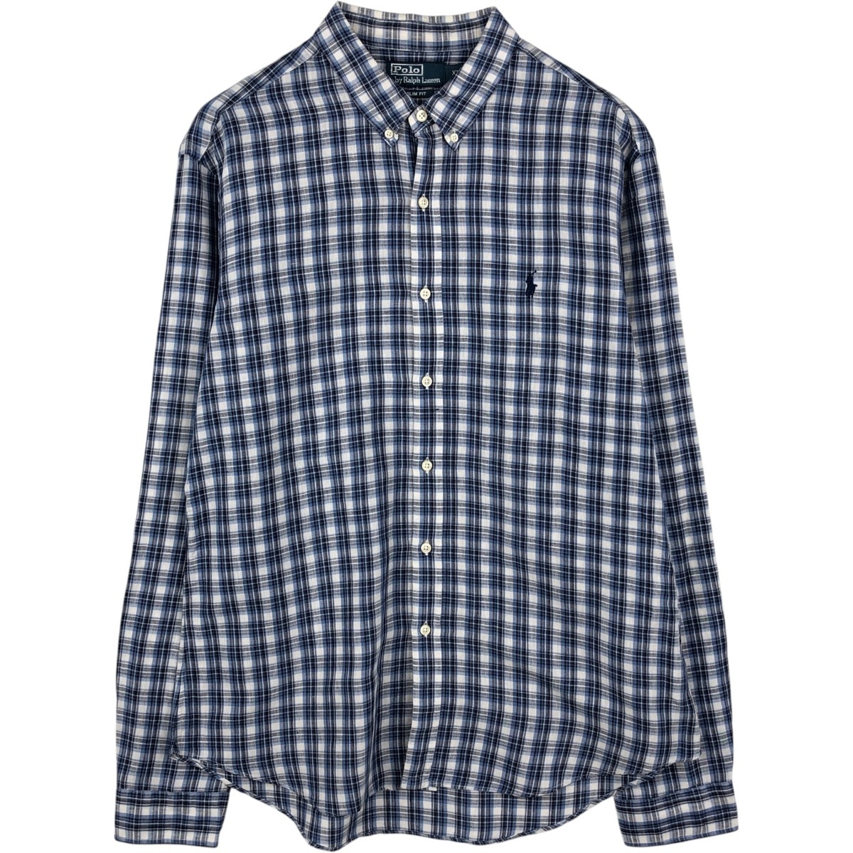 古着 ラルフローレン Ralph Lauren POLO by Ralph Lauren SLIM FIT チェック柄 長袖 リネン×コットン ボタンダウンシャツ メンズXL相当/eaa634869