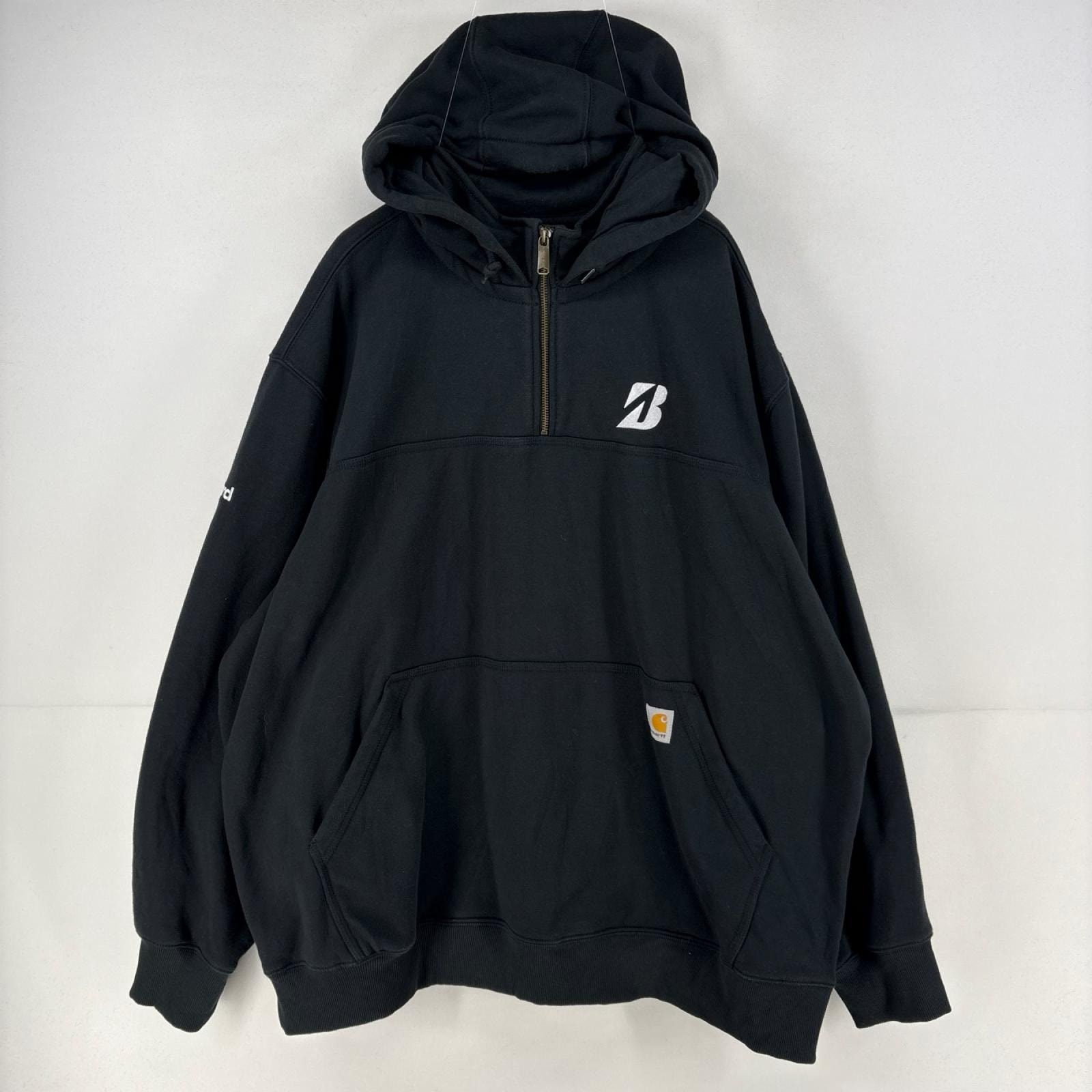 古着 カーハート Carhartt パーカー ハーフジップ 刺繍 大きいサイズ プルオーバー ロゴ スウェット 3XL  ブラック 無地 メンズ
