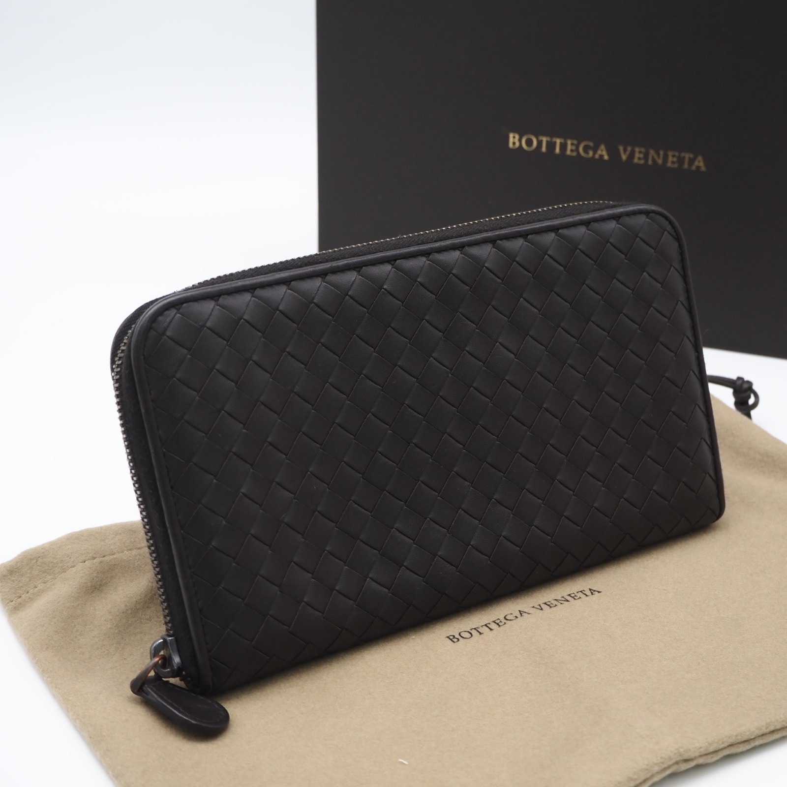 美品 BOTTEGAVENETA ボッテガヴェネタ イントレチャート ジップアラウンドウォレット - 長財布 ブラウン カーフレザー メンズ