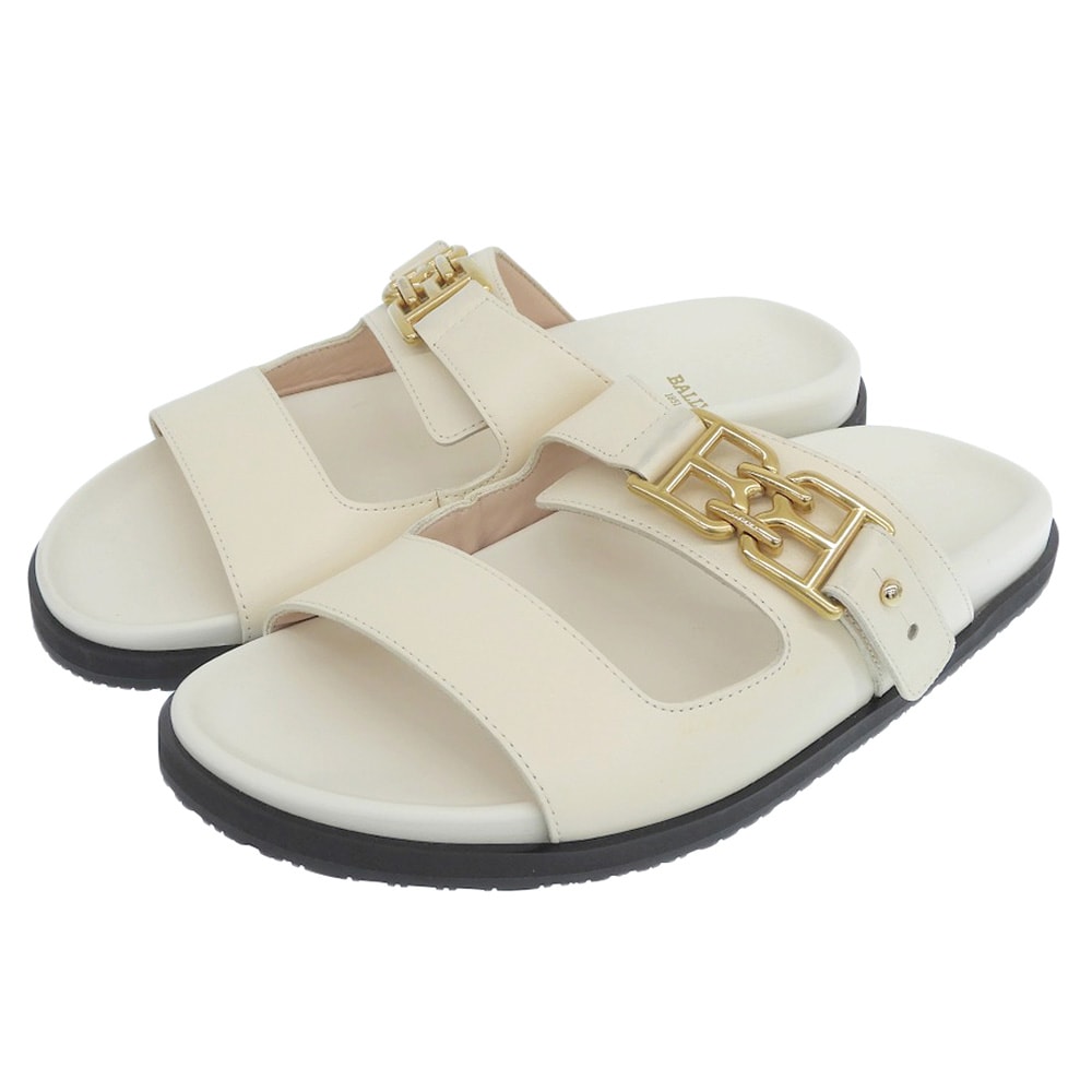 バリー 新品同様 EMMA FLAT レザー BB金具 ダブルストラップ サンダル レディース アイボリー 37 37