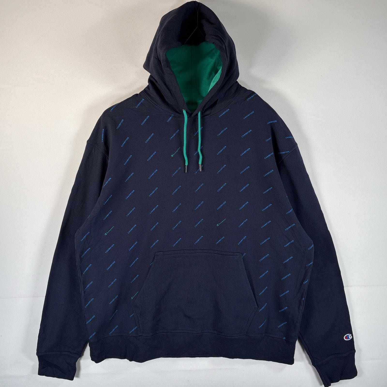 古着 チャンピオン Champion パーカー プルオーバー マフポケット フーディ 大きいサイズ ロゴ プリント 総柄 フード紐 14041  ネイビー メンズ