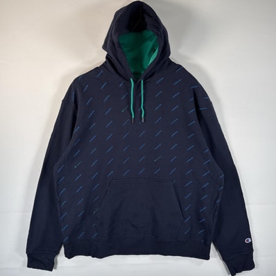古着 チャンピオン Champion パーカー プルオーバー マフポケット フーディ 大きいサイズ ロゴ プリント 総柄 フード紐 14041 ネイビー メンズ