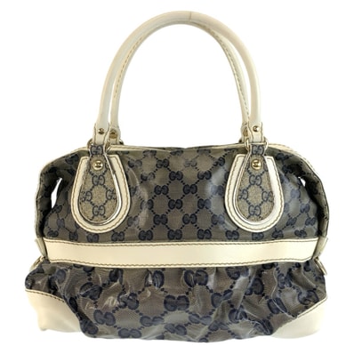 GUCCI グッチ GGクリスタル グレー ネイビー ホワイト コーティングキャンバス ハンドバッグ ミニボストンバッグ 604655 【中古】