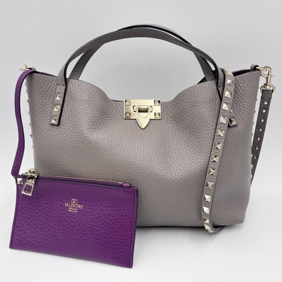 VALENTINO GARAVANI(ヴァレンティノ・ガラヴァーニ)ロックスタッズ スモール トートバッグ ショルダーバッグ グレージュ レザー ゴールド金具 2WAY レディース【中古】