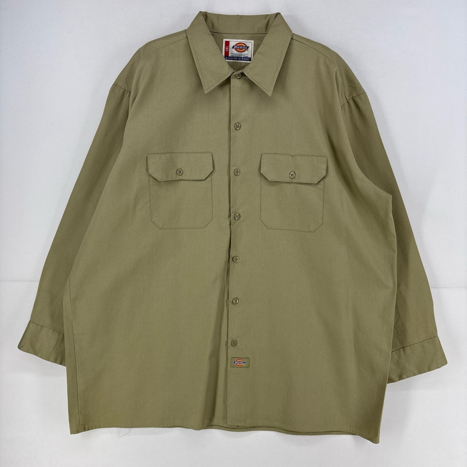 古着 ディッキーズ Dickies 長袖シャツ ワンポイント ロゴ ワークシャツ 作業着 大きいサイズ 2XL  ベージュ 無地 メンズ