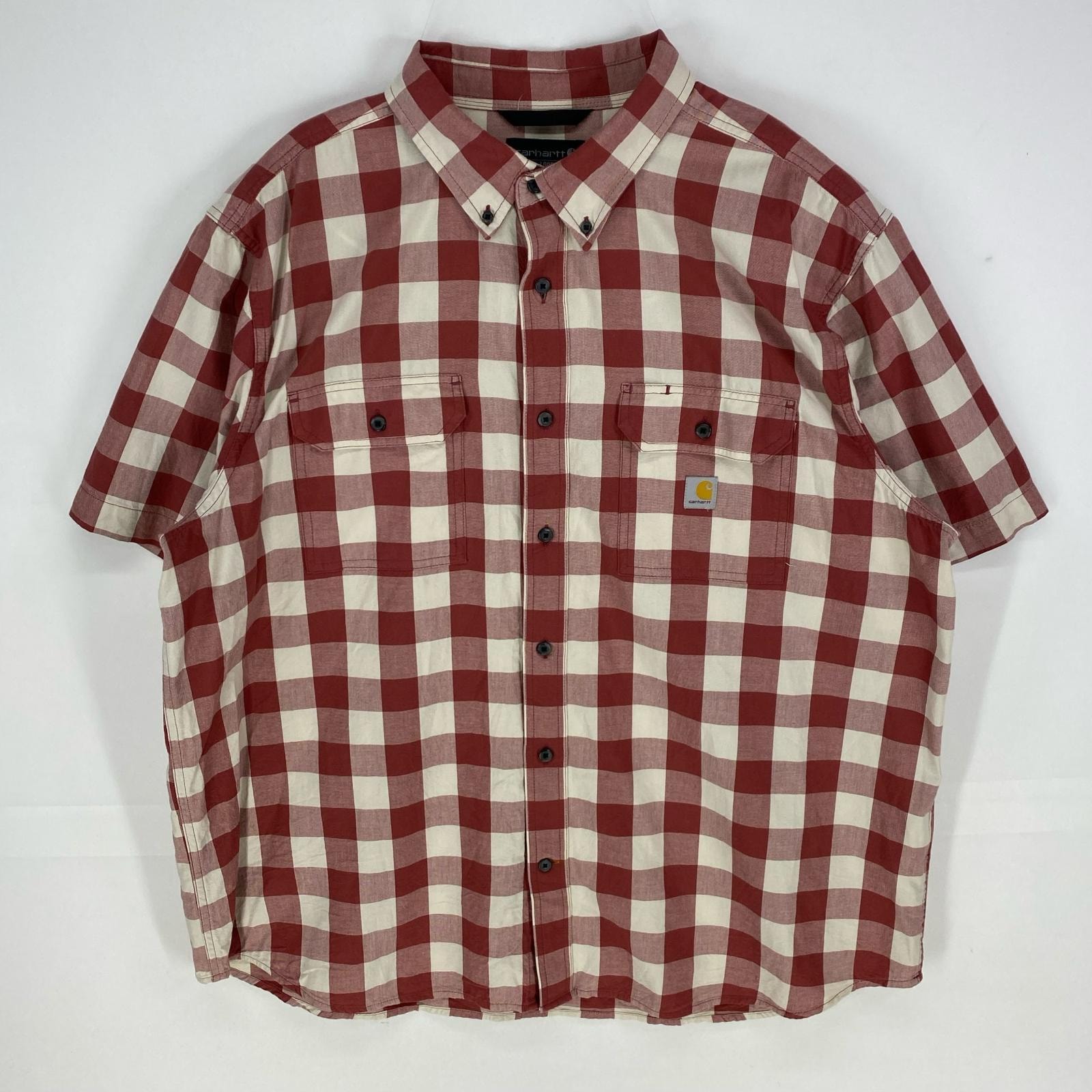 古着 カーハート Carhartt 半袖シャツ ボタンダウン 胸ポケット ワンポイント ロゴ ショートスリーブ 2XL  レッド系 チェック メンズ
