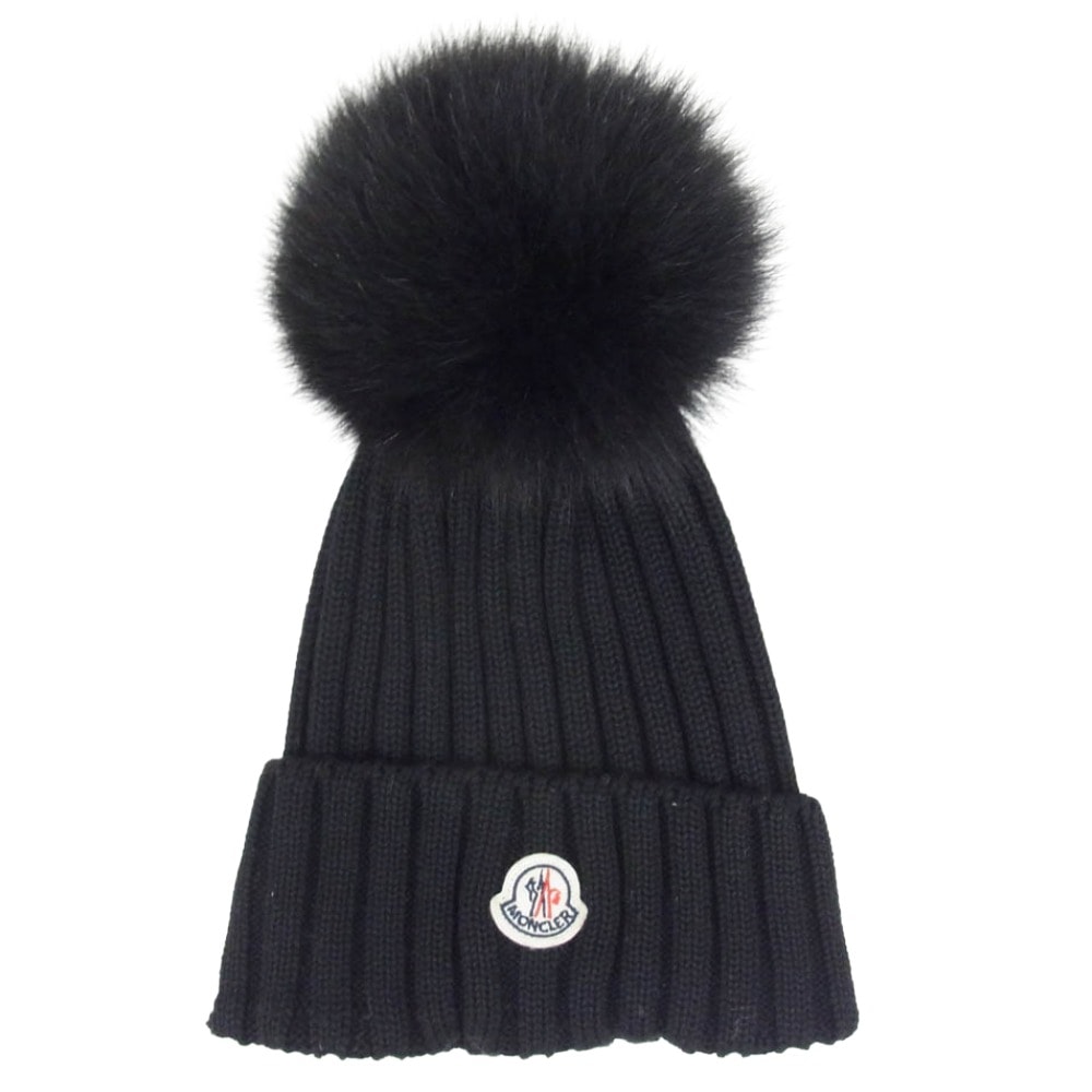 MONCLER モンクレール ニットキャップ 18AW D20930021900 BERRETTO ブルーフォックスファー ボンボン付き ニットキャップ ビーニー 帽子 ブラック系【中古】