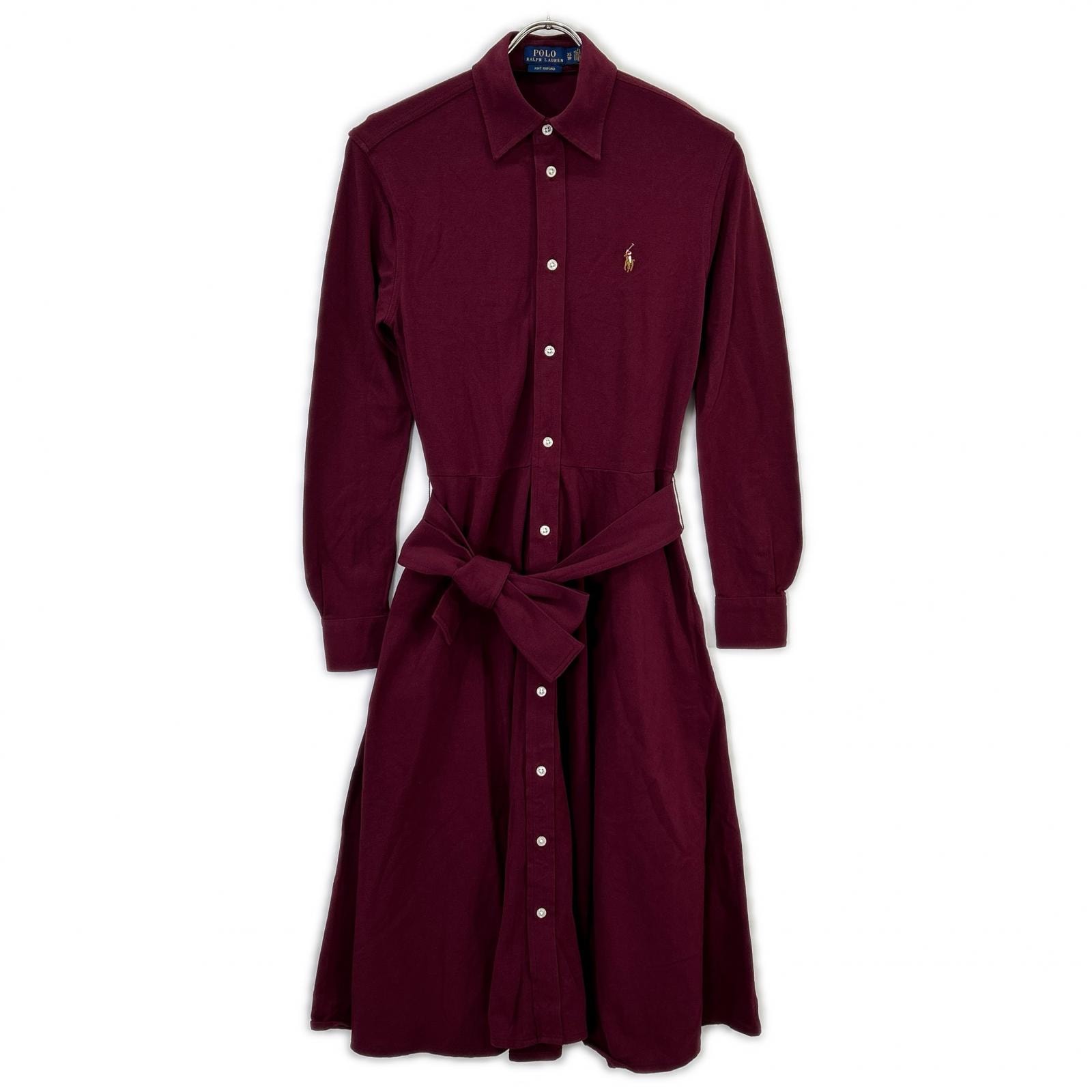 ポロ ラルフローレン 23年 レッド 鹿の子 ロングスリーブポロシャツワンピース XS