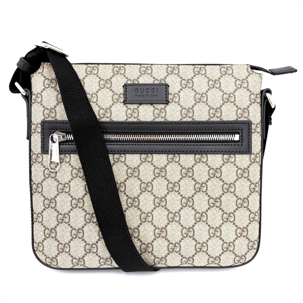 GUCCI グッチ ショルダーバッグ 肩掛け 斜め掛け 779865 GGスプリームキャンバス  レザー   ベージュ ブラック 黒 シルバー金具 メンズ 美品【中古品】