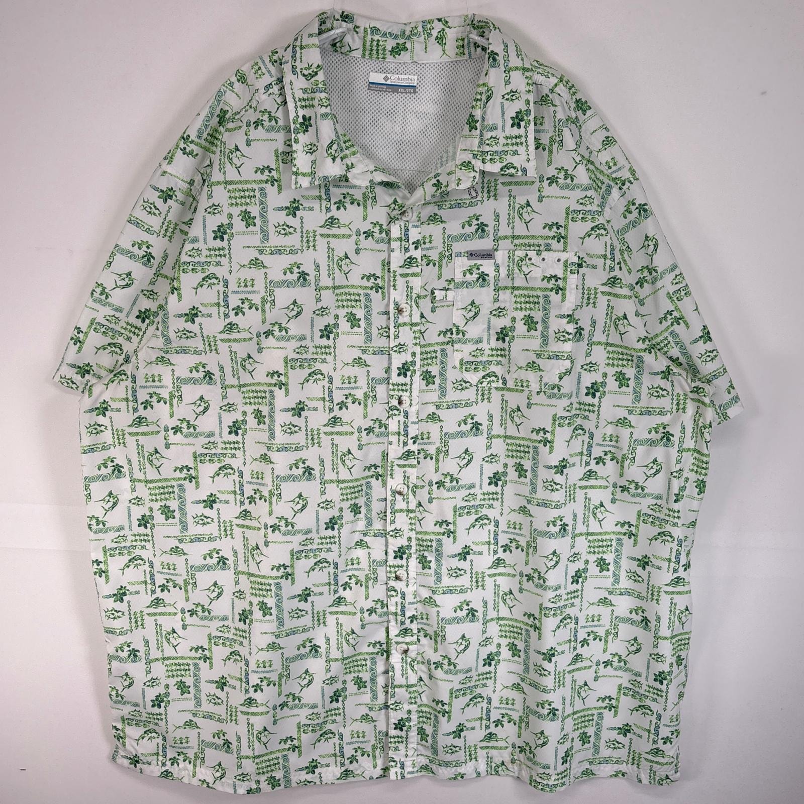 古着 コロンビア Columbia 半袖シャツ 植物 魚 大きいサイズ PFG フィッシングギア 14041 グリーン系 総柄 メンズ