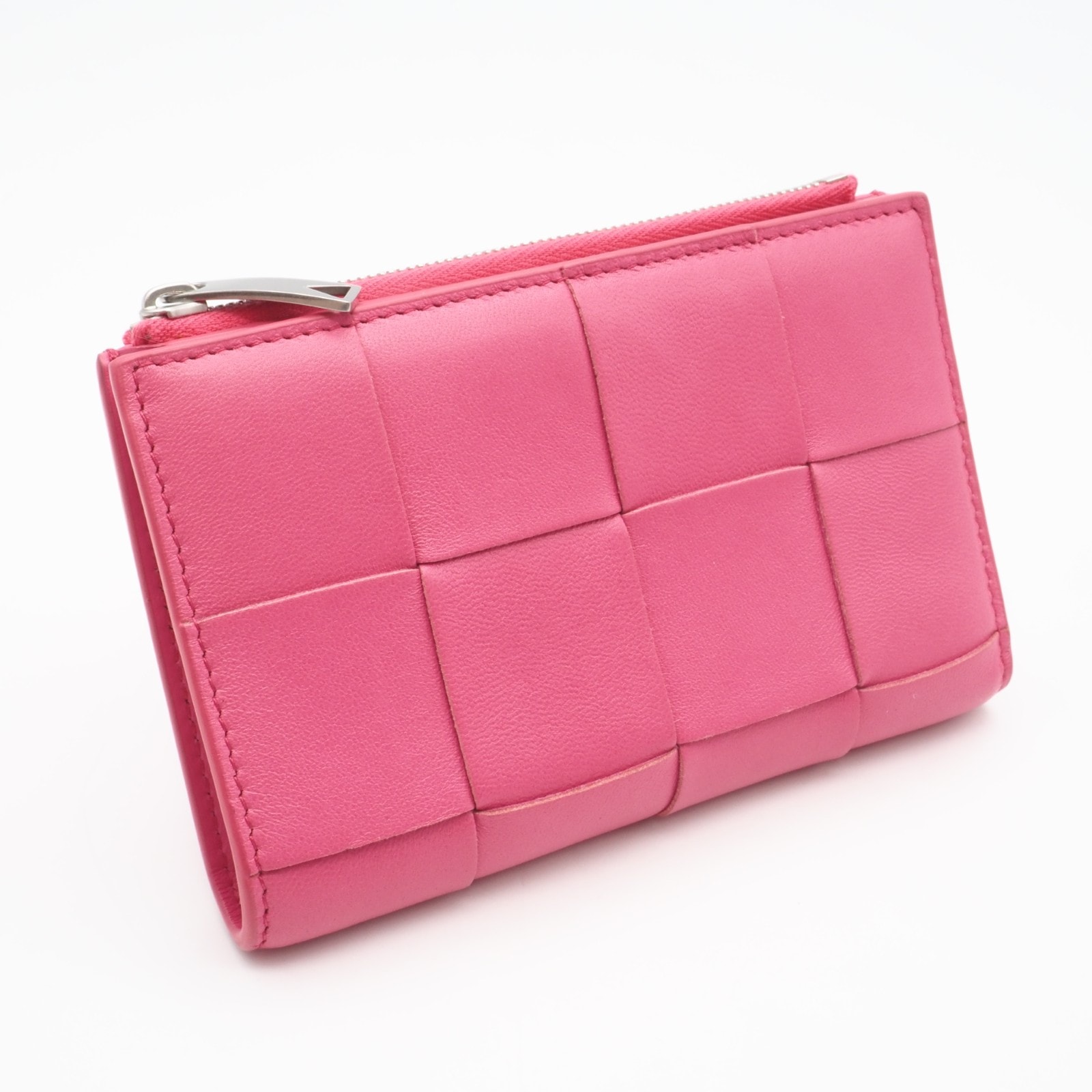 美品 BOTTEGAVENETA ボッテガヴェネタ カセット 二つ折り財布 ファスナー ウォレット 750262 二つ折り財布 ピンク ラムスキン レディース