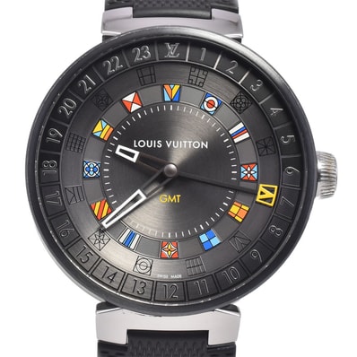 値下 ルイ・ヴィトン LOUIS VUITTON QA097 タンブール ムーン デュアルタイム GMT メンズ 良品 箱付き 腕時計 H#147781