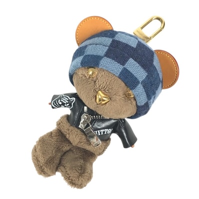 ルイヴィトン LOUIS VUITTON バッグチャーム・LV ルイ ベア M03206 ダミエ キーホルダー チャーム ニット帽 熊 バッグチャーム ファー ブラック 美品