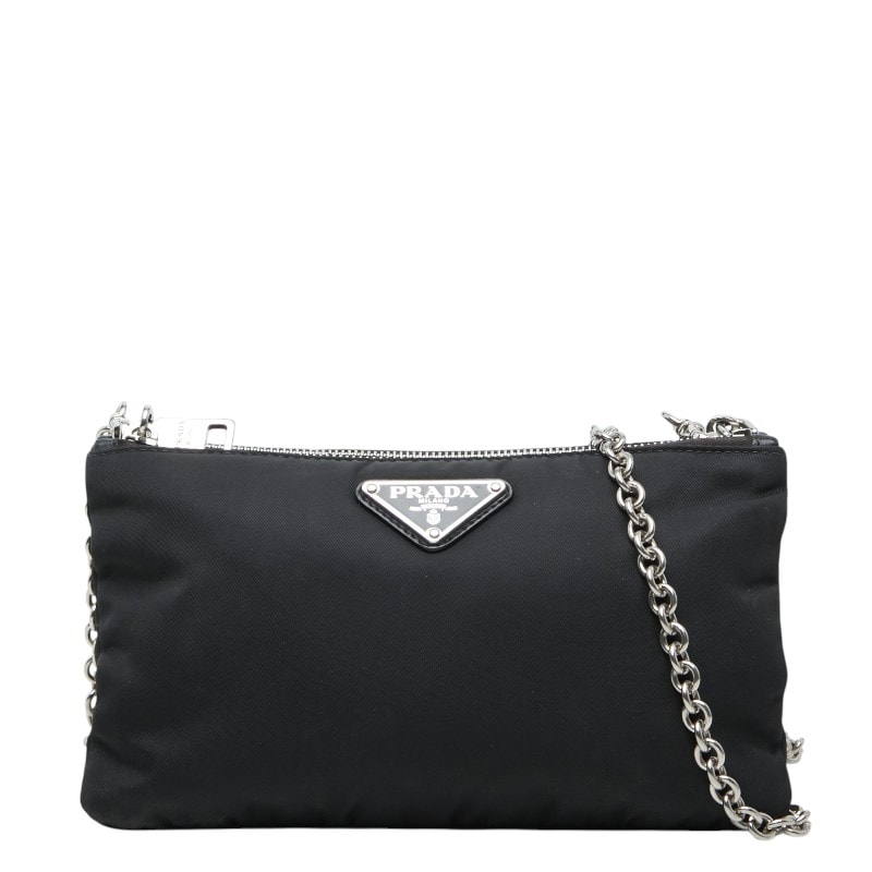 プラダ 三角ロゴプレート 斜め掛け チェーン ショルダーバッグ ブラック ナイロン レディース PRADA 【中古】