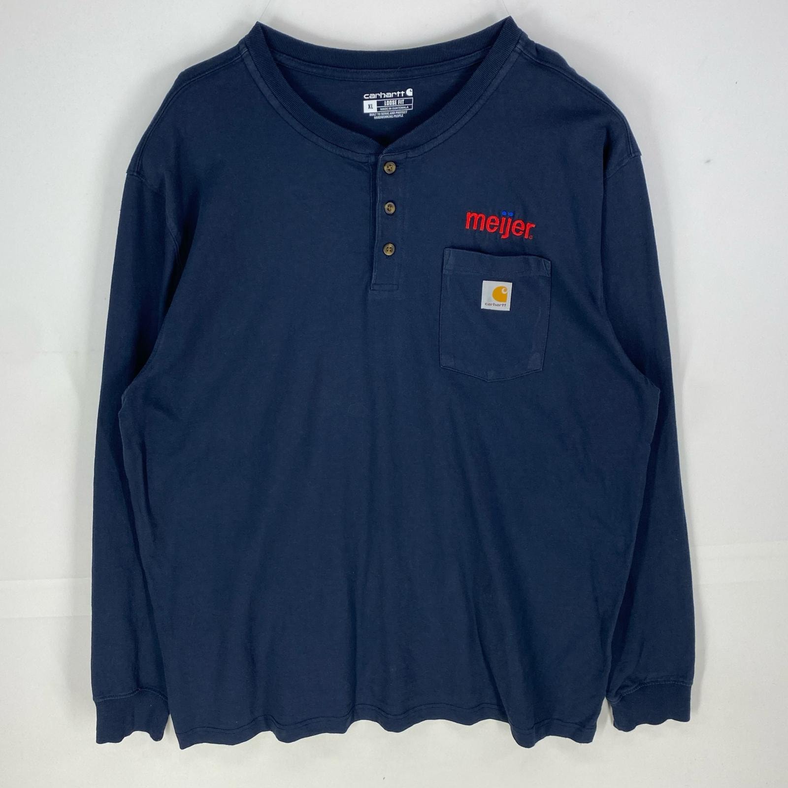 古着 カーハート Carhartt 長袖Tシャツ ヘンリーネック ワンポイントロゴ 胸ポケット ロンT XL ネイビー系 メンズ