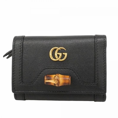 【6dd5145-k】グッチ 三つ折り財布 バンブー GGマーモント 658633 レザー ブラック ゴールド金具【中古】レディース